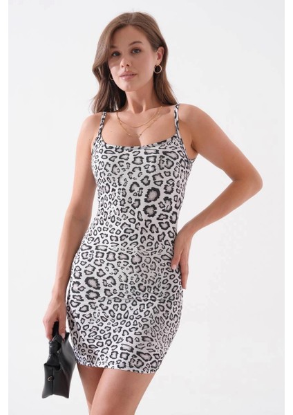 Kadın Siyah Leoparlı Ince Askılı Likralı Elbise S8105