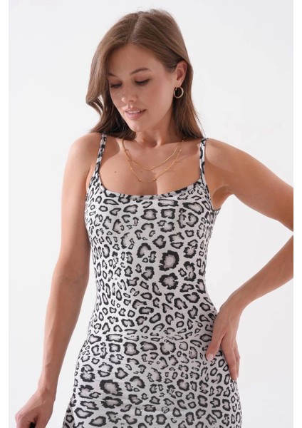 Kadın Siyah Leoparlı Ince Askılı Likralı Elbise S8105
