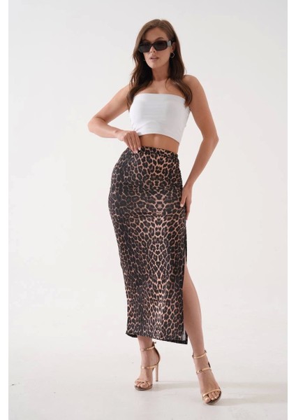 Uzun Yırtmaçlı Ince Kumaş Etek Leopar