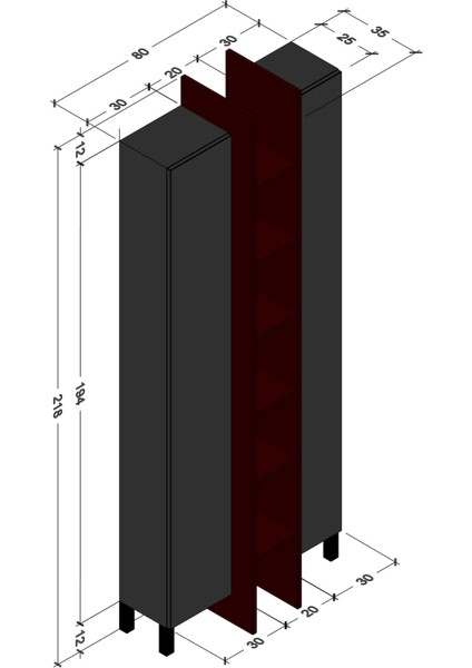 Dora 80 cm Dik Depolama Dolabı ve Kitaplık Parlak Beyaz & Mat Ceviz MDF Lam