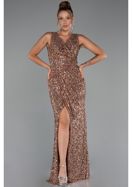 Kolsuz Yırtmaçlı Uzun Pullu Abiye Elbise ABU5281