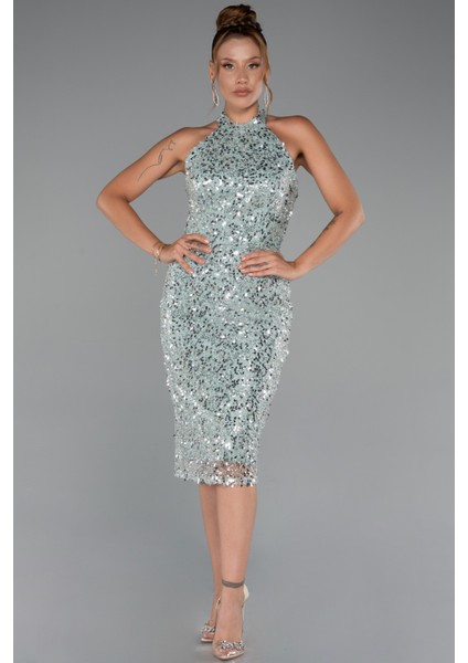 Halter Yaka Midi Taşlı Abiye Elbise ABK2437