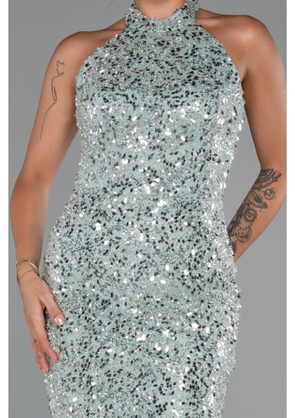 Halter Yaka Midi Taşlı Abiye Elbise ABK2437 modelleri
