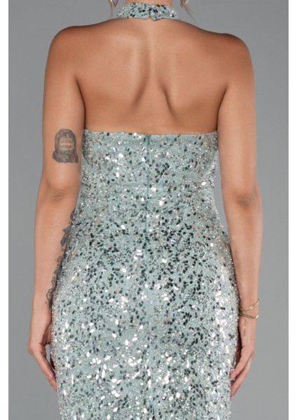 Halter Yaka Midi Taşlı Abiye Elbise ABK2437 fırsatları
