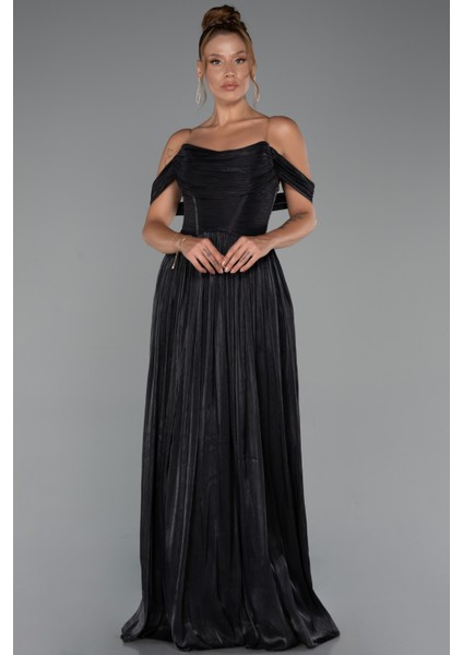 Kayık Yaka Ateş Pile Uzun Şifon Abiye ABU5283