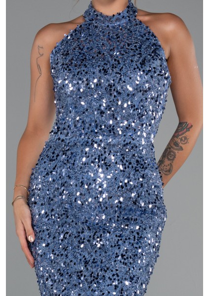 Halter Yaka Midi Taşlı Abiye Elbise ABK2437 modelleri