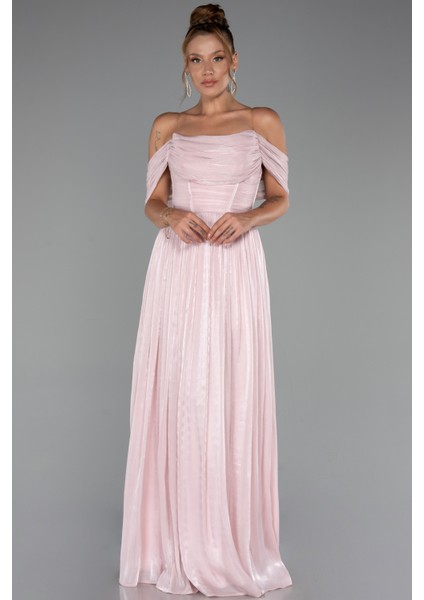 Kayık Yaka Ateş Pile Uzun Şifon Abiye ABU5283