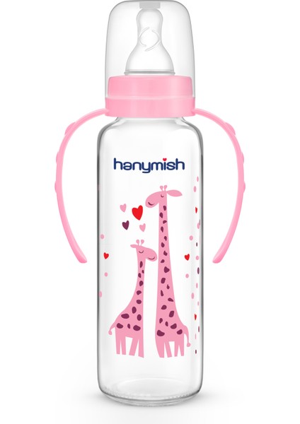 Şişe 240 Ml, Kulplu Cam Biberon, Pembe, Sağlıklı ve Dayanıklı Tasarım