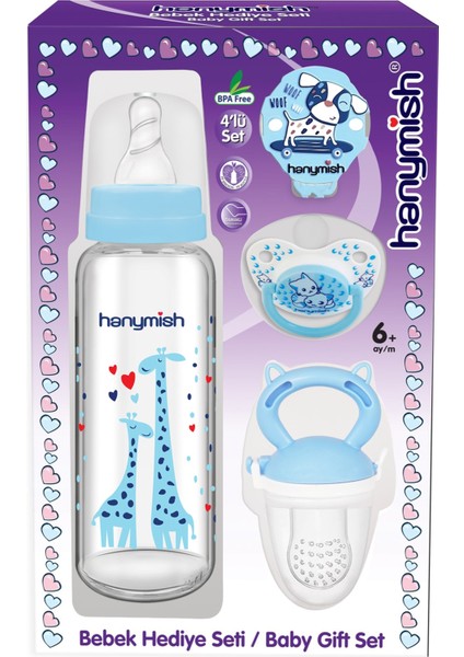 4'lü Cam Biberon ve Emzik Seti, Yeni Doğan Bebek Hediye, Mavi Renk