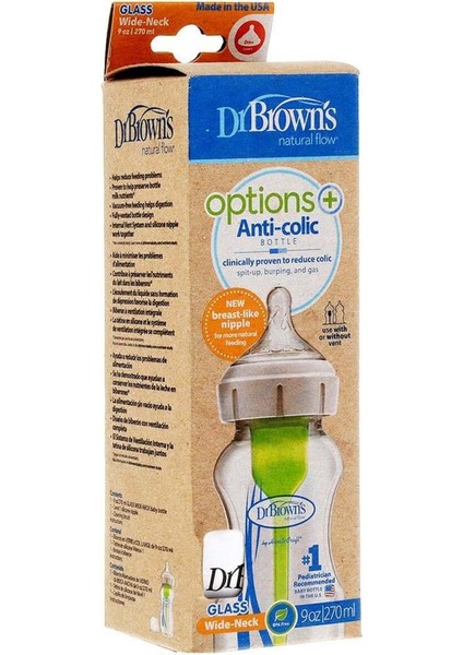 Geniş Ağız Cam Biberon 9 OZ/270 Ml, Antikolik, Çok Renkli, Tekli Paket
