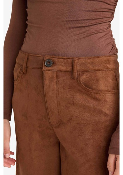 Straight Fit Fermuarlı Yüksek Bel Standart Boy Süet Pantolon E7234AX25AU indirimleri