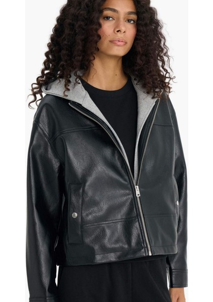 Relax Fit Çıkarılabilir Kapüşonlu Fermuarlı Suni Deri Mont E8543AX25AU fırsatları