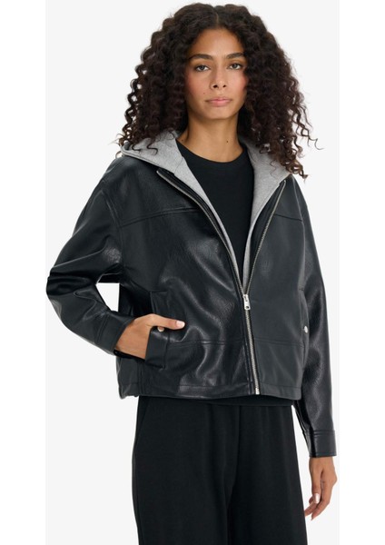 Relax Fit Çıkarılabilir Kapüşonlu Fermuarlı Suni Deri Mont E8543AX25AU