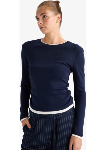 Slim Fit Dar Kesim Bisiklet Yaka Ribana Uzun Kollu Tişört E6548AX25AU modelleri