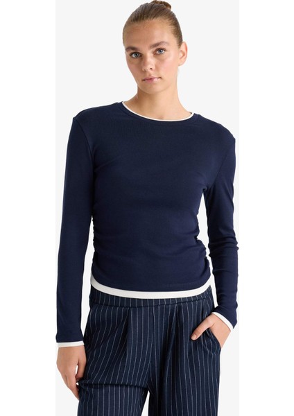 Slim Fit Dar Kesim Bisiklet Yaka Ribana Uzun Kollu Tişört E6548AX25AU fırsatları