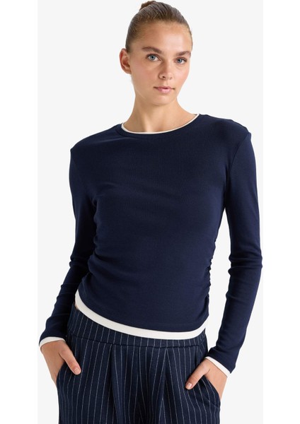 Slim Fit Dar Kesim Bisiklet Yaka Ribana Uzun Kollu Tişört E6548AX25AU indirimleri