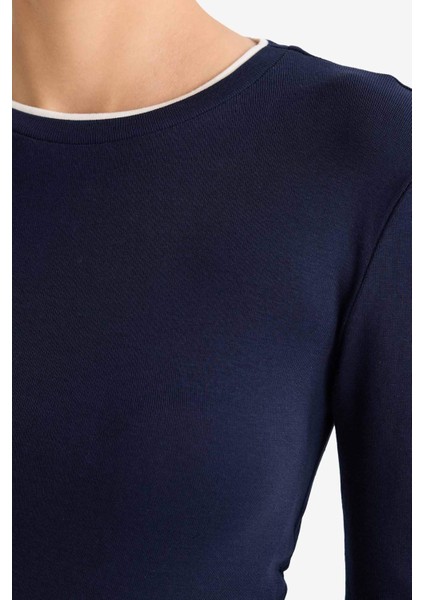 Slim Fit Dar Kesim Bisiklet Yaka Ribana Uzun Kollu Tişört E6548AX25AU