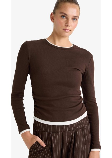 Slim Fit Dar Kesim Bisiklet Yaka Ribana Uzun Kollu Tişört E6548AX25AU