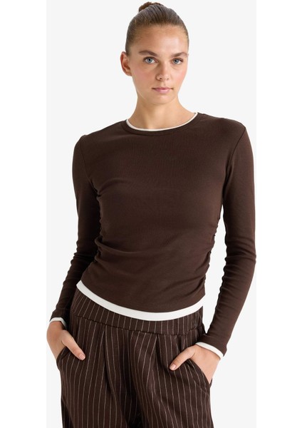 Slim Fit Dar Kesim Bisiklet Yaka Ribana Uzun Kollu Tişört E6548AX25AU fırsatları