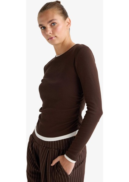 Slim Fit Dar Kesim Bisiklet Yaka Ribana Uzun Kollu Tişört E6548AX25AU indirimleri