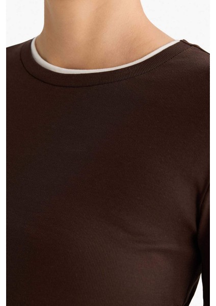 Slim Fit Dar Kesim Bisiklet Yaka Ribana Uzun Kollu Tişört E6548AX25AU