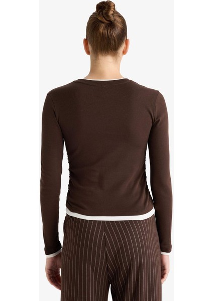 Slim Fit Dar Kesim Bisiklet Yaka Ribana Uzun Kollu Tişört E6548AX25AU