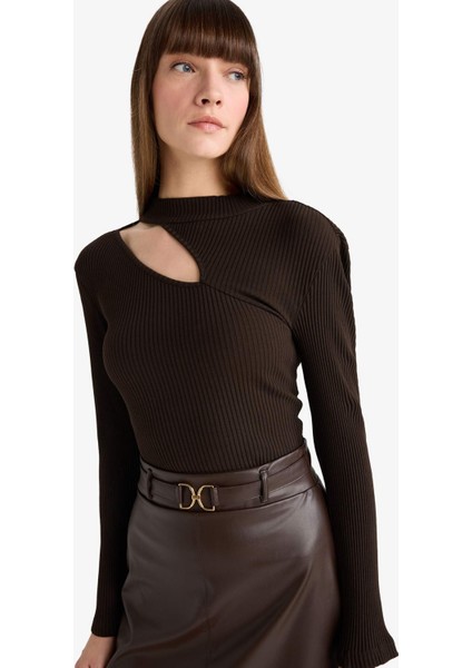 Slim Fit Dar Kesim Bisiklet Yaka Fitilli Kaşkorse Uzun Kollu Tişört C8473AX25AU