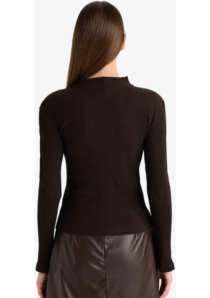 Slim Fit Dar Kesim Bisiklet Yaka Fitilli Kaşkorse Uzun Kollu Tişört C8473AX25AU