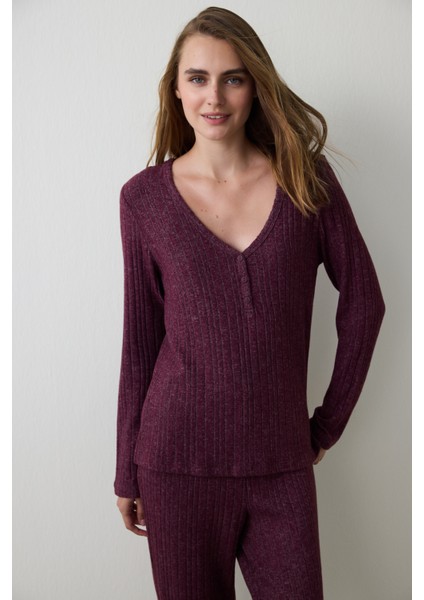 Bordo Cozy Time V Yaka Uzun Kollu Pijama Takımı fiyatları