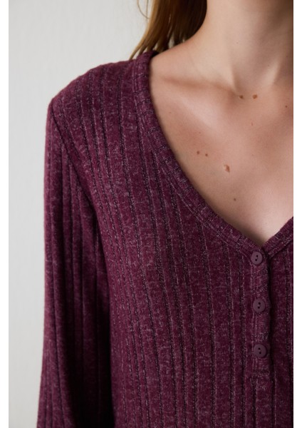 Bordo Cozy Time V Yaka Uzun Kollu Pijama Takımı modelleri