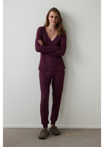 Bordo Cozy Time V Yaka Uzun Kollu Pijama Takımı