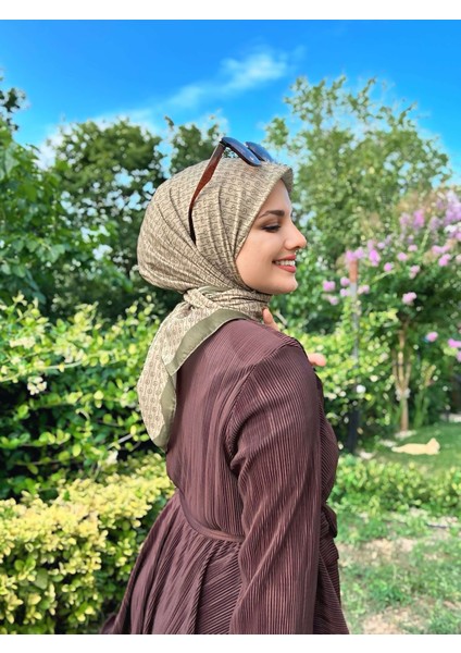 Çizgisel Daire Desen Mk Pamuk Eşarp - Haki-Bej (Çok Renkli)