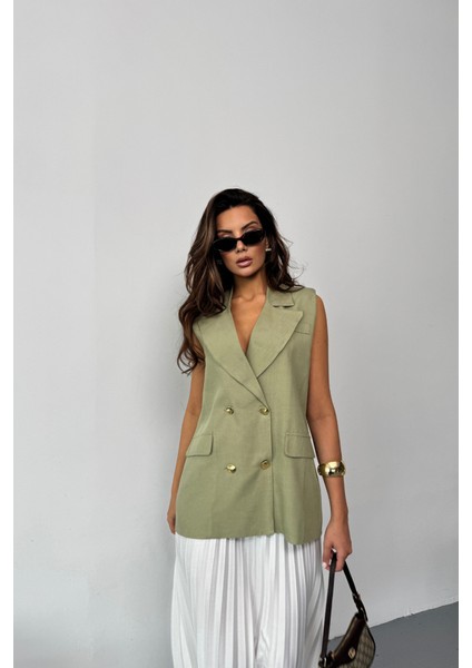 Gold Düğmeli Keten Yelek - Yeşil fiyatları