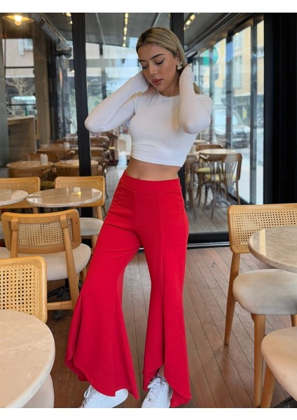 Kadın Yüksek Bel Önden Arkaya Uzanan Volanlı Paçalı Janjan Krep Pantolon modelleri