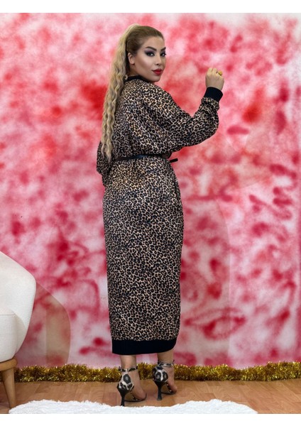 Elbise Leopar Desenli Kadın Saten Elbise Kemerli, Uzun Kollu, Midi Boy.günlük ve Özel Kullanım fiyatları