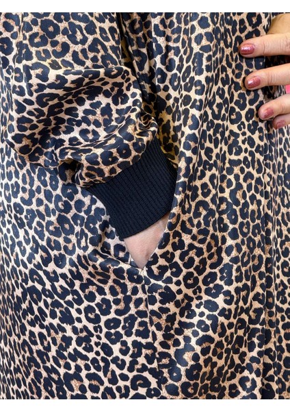 Elbise Leopar Desenli Kadın Saten Elbise Kemerli, Uzun Kollu, Midi Boy.günlük ve Özel Kullanım indirimleri