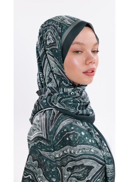 Yeşil Vintage Desenli Desenli Şifon Saten Şal - 70X170 cm