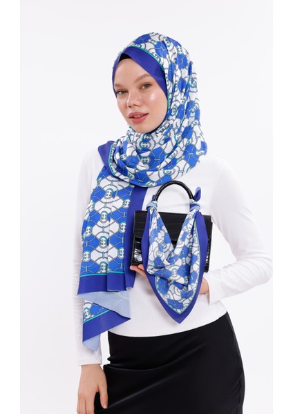 Zincir Desenli Mavi Şifon Saten Şal - 70X170 cm