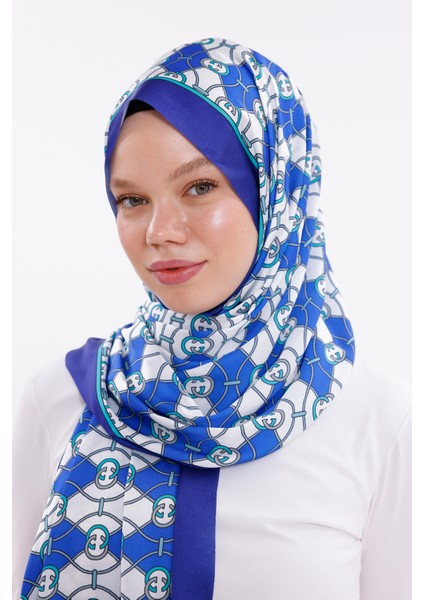 Zincir Desenli Mavi Şifon Saten Şal - 70X170 cm