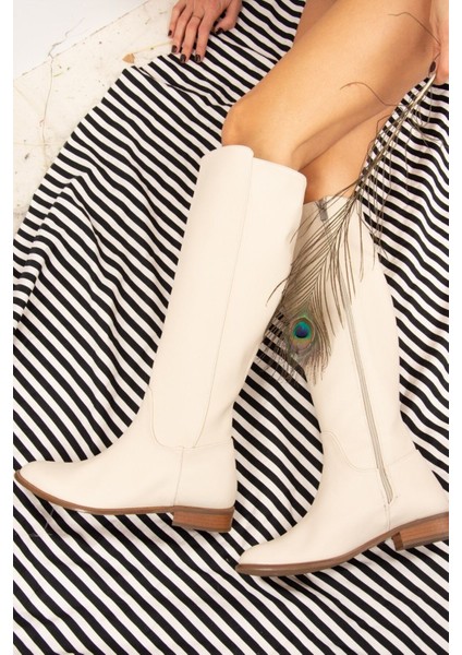 Kadın Klasik Çizme Bej Suni Deri Düz Topuk Günlük Şık Tasarım indirimleri