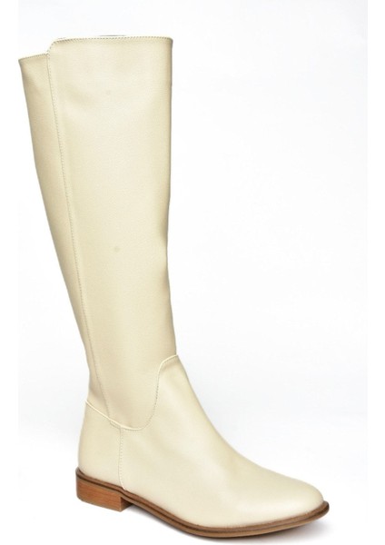 Kadın Klasik Çizme Bej Suni Deri Düz Topuk Günlük Şık Tasarım