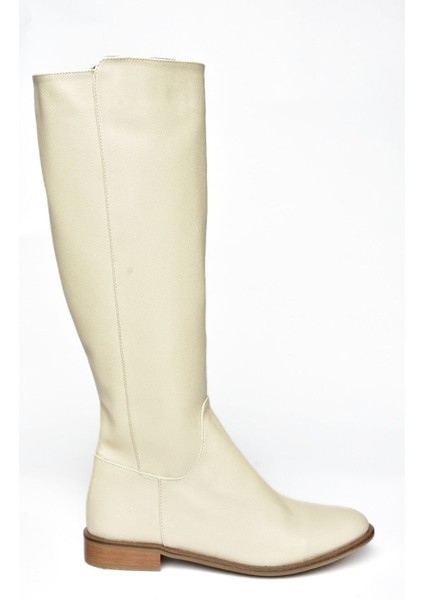 Kadın Klasik Çizme Bej Suni Deri Düz Topuk Günlük Şık Tasarım