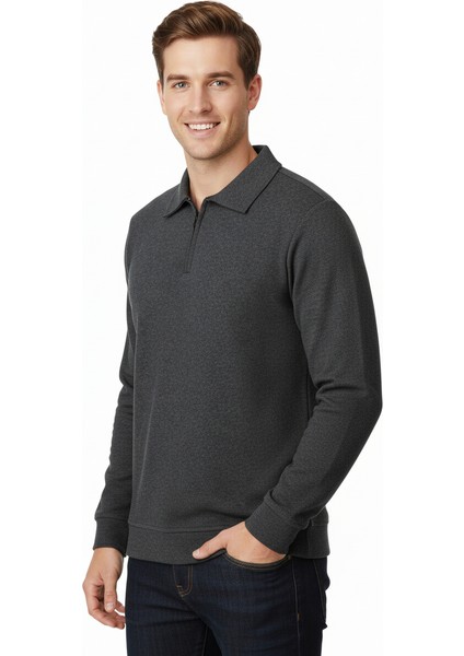 Erkek Kışlık Kazak Pamuklu Dokuma Yarım Fermuarlı Polo Yaka Uzun Kollu Düz Renk Rahat Kesim