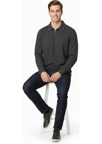 Erkek Kışlık Kazak Pamuklu Dokuma Yarım Fermuarlı Polo Yaka Uzun Kollu Düz Renk Rahat Kesim fırsatları