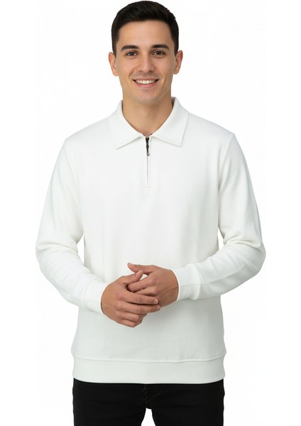 Erkek Kışlık Kazak Pamuklu Dokuma Yarım Fermuarlı Polo Yaka Uzun Kollu Düz Renk Rahat Kesim