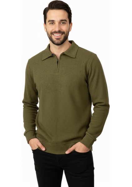 Erkek Kışlık Kazak Pamuklu Dokuma Yarım Fermuarlı Polo Yaka Uzun Kollu Düz Renk Rahat Kesim