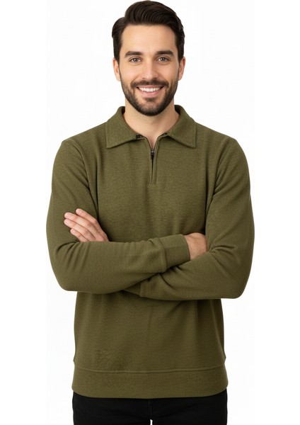 Erkek Kışlık Kazak Pamuklu Dokuma Yarım Fermuarlı Polo Yaka Uzun Kollu Düz Renk Rahat Kesim fırsatları