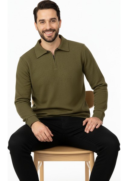 Erkek Kışlık Kazak Pamuklu Dokuma Yarım Fermuarlı Polo Yaka Uzun Kollu Düz Renk Rahat Kesim indirimleri