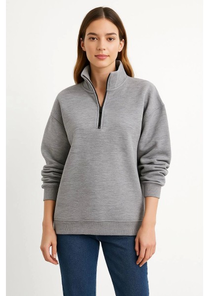 Kadın Üç Iplik Dık Yaka Yarım Fermuarlı Sweatshirt - Gri modelleri