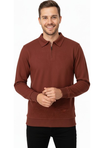Erkek Kışlık Kazak Pamuklu Dokuma Yarım Fermuarlı Polo Yaka Uzun Kollu Düz Renk Rahat Kesim